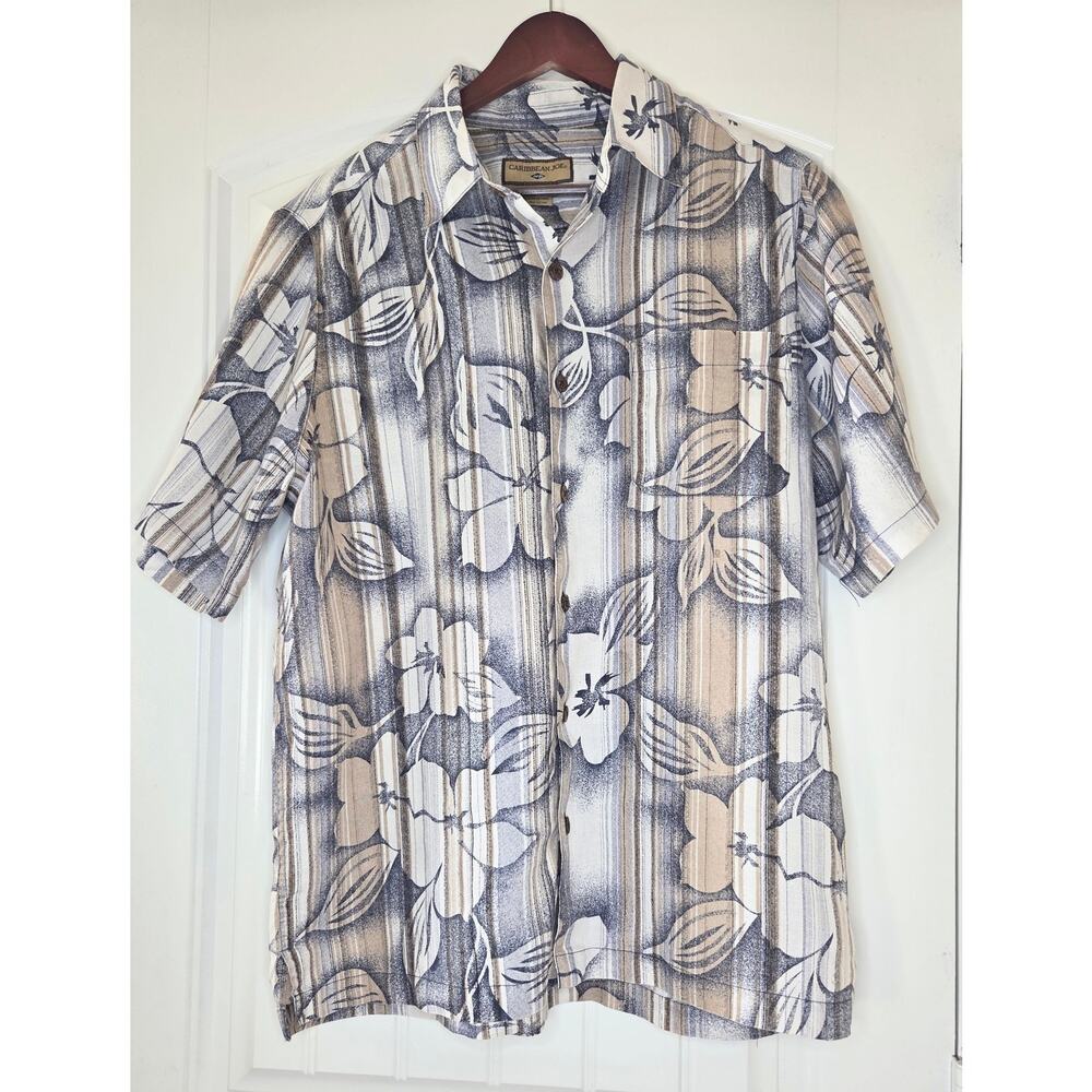 Caribbean Joe Men's Medium 100% Linen Hawaiian Shirt Floral Tropical Button Up